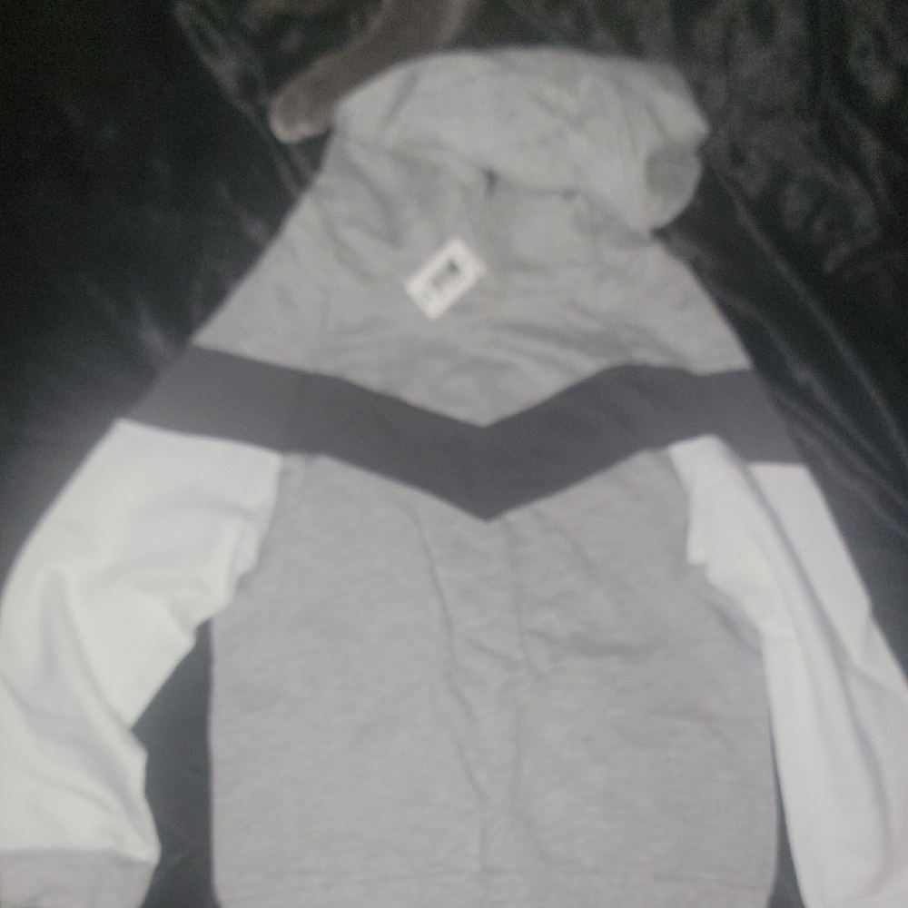 Chic Gray and White Hoodie with Black Accent